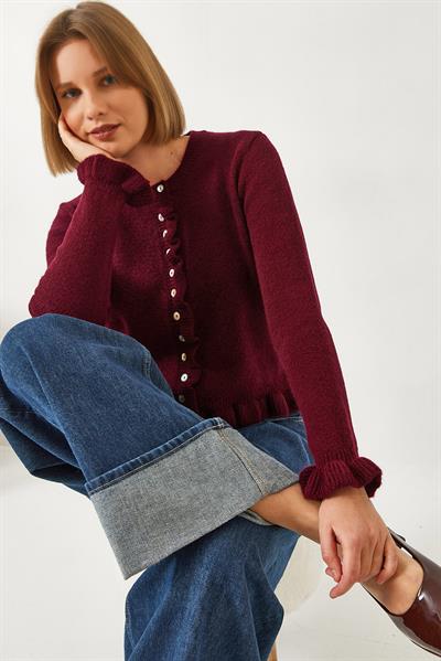 Düğmeli Fırfırlı Triko Hırka 20246946 - Bordo