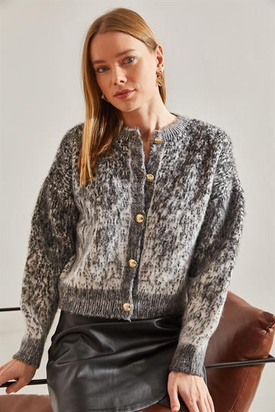 Düğmeli Şardonlu Triko Hırka - Antrasit