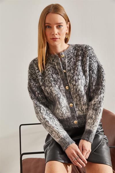 Düğmeli Şardonlu Triko Hırka - Antrasit