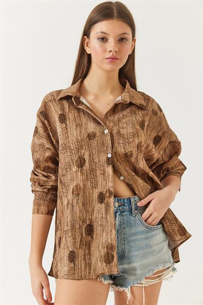 Kadın Düşük Omuz Empirme Oversize Gömlek 60398 60271063 - Kahverengi