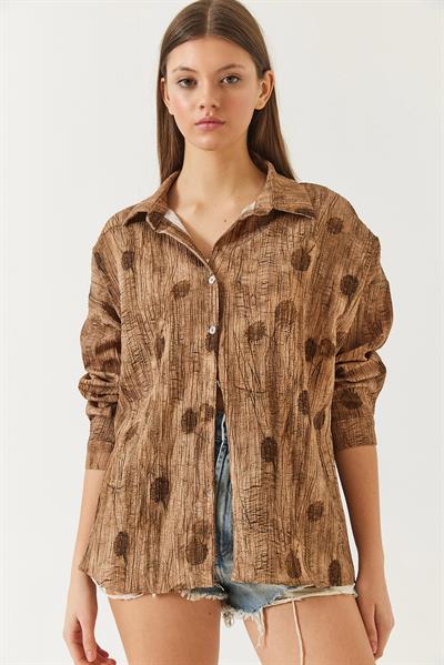 Kadın Düşük Omuz Empirme Oversize Gömlek 60398 60271063 - Kahverengi
