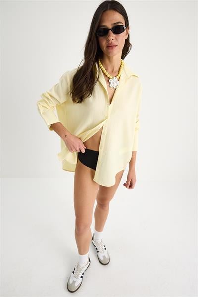 Kadın Düşük Omuz Oversize Basic Bürümcük Gömlek 60392 60271069 - Sarı