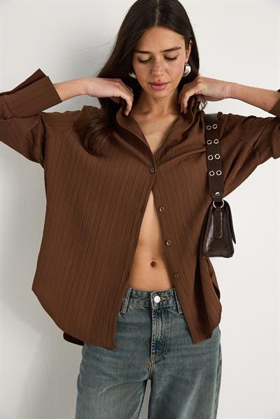 Kadın Düşük Omuz Oversize Basic Bürümcük Gömlek 60392 60271069 - Kahverengi