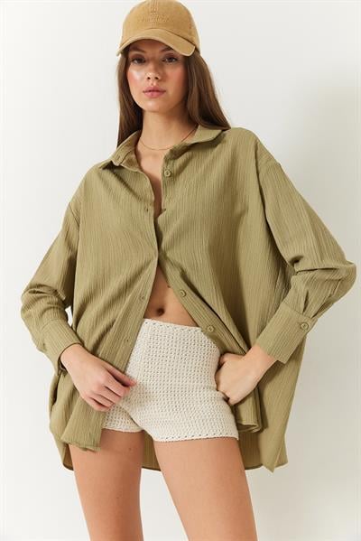 Kadın Düşük Omuz Oversize Basic Bürümcük Gömlek 60392 60271069 - Haki