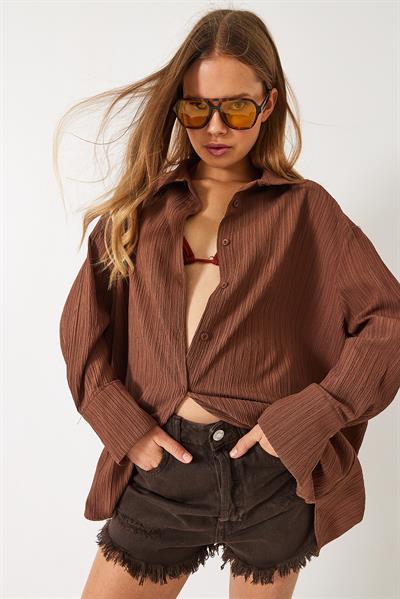 Kadın Düşük Omuz Oversize Basic Bürümcük Gömlek 60392 60271069 - Kahverengi