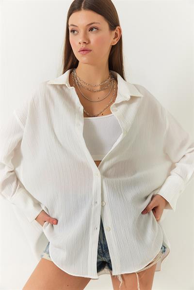 Kadın Düşük Omuz Oversize Basic Bürümcük Gömlek 60392 60271069 - Ekru