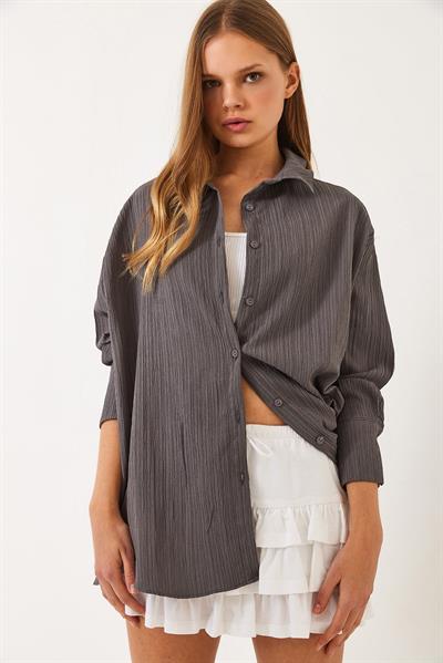 Kadın Düşük Omuz Oversize Basic Bürümcük Gömlek 60392 60271069 - Füme