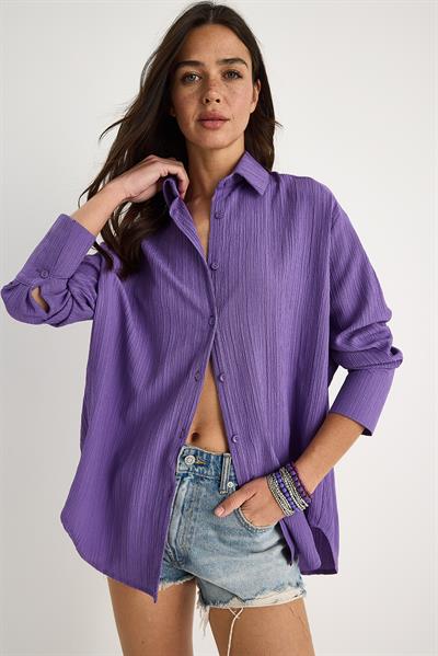 Kadın Düşük Omuz Oversize Basic Bürümcük Gömlek 60392 60271069 - Mor