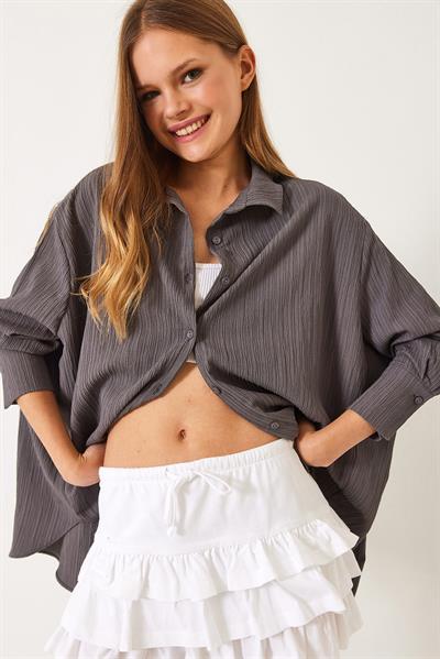 Kadın Düşük Omuz Oversize Basic Bürümcük Gömlek 60392 60271069 - Füme