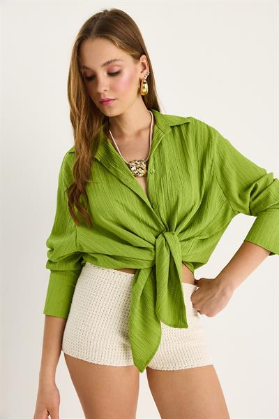 Kadın Düşük Omuz Oversize Basic Bürümcük Gömlek 60392 60271069 - Fıstık Yeşili