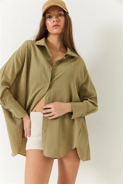 Kadın Düşük Omuz Oversize Basic Bürümcük Gömlek 60392 60271069 - Haki