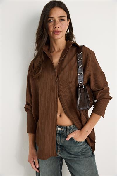 Kadın Düşük Omuz Oversize Basic Bürümcük Gömlek 60392 60271069 - Kahverengi