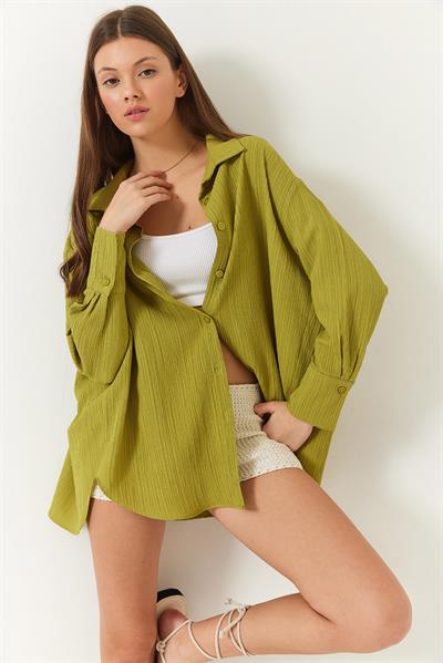 Kadın Düşük Omuz Oversize Basic Bürümcük Gömlek 60392 60271069 - Yağ Yeşili