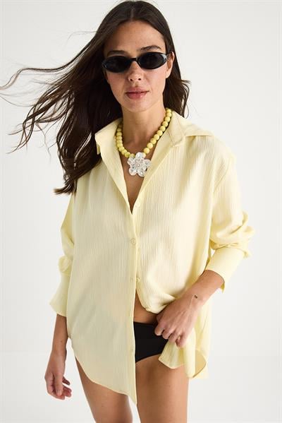 Kadın Düşük Omuz Oversize Basic Bürümcük Gömlek 60392 60271069 - Sarı