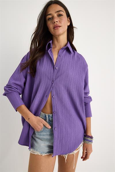 Kadın Düşük Omuz Oversize Basic Bürümcük Gömlek 60392 60271069 - Mor