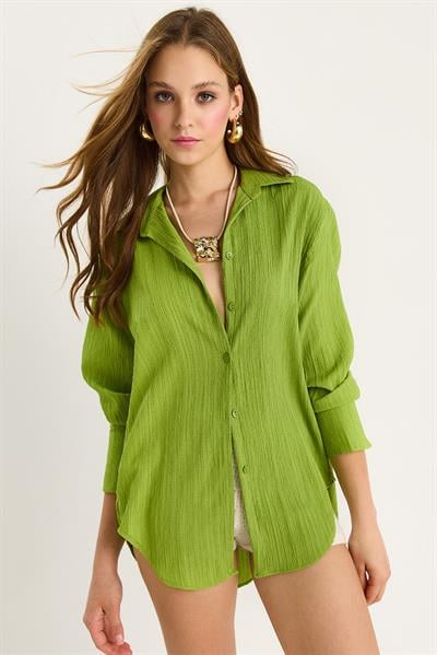 Kadın Düşük Omuz Oversize Basic Bürümcük Gömlek 60392 60271069 - Fıstık Yeşili