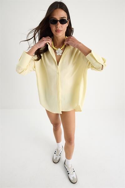 Kadın Düşük Omuz Oversize Basic Bürümcük Gömlek 60392 60271069 - Sarı