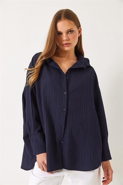 Kadın Düşük Omuz Oversize Basic Bürümcük Gömlek 60392 60271069 - Lacivert