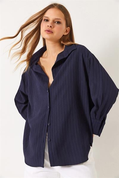 Kadın Düşük Omuz Oversize Basic Bürümcük Gömlek 60392 60271069 - Lacivert