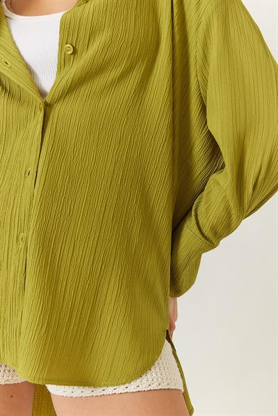 Kadın Düşük Omuz Oversize Basic Bürümcük Gömlek 60392 60271069 - Yağ Yeşili