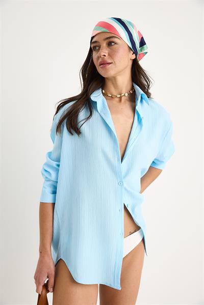 Kadın Düşük Omuz Oversize Basic Bürümcük Gömlek 60392 60271069 - Bebe Mavisi