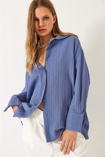 Kadın Düşük Omuz Oversize Basic Bürümcük Gömlek 60392 60271069 - İndigo