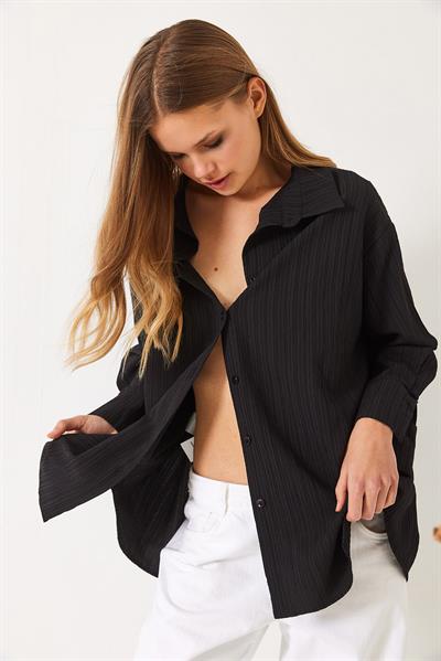 Kadın Düşük Omuz Oversize Basic Bürümcük Gömlek 60392 60271069 - Siyah