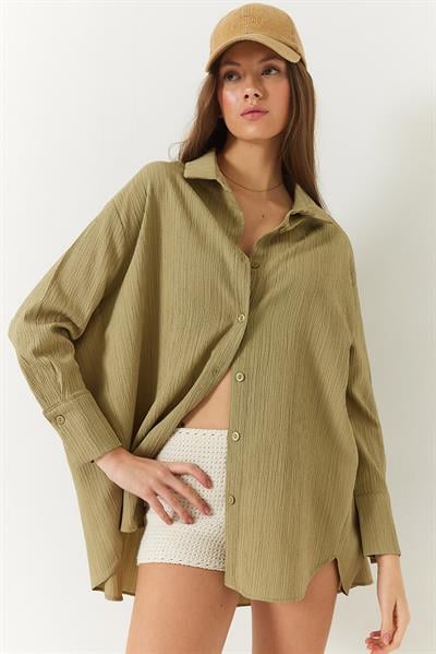 Kadın Düşük Omuz Oversize Basic Bürümcük Gömlek 60392 60271069 - Haki
