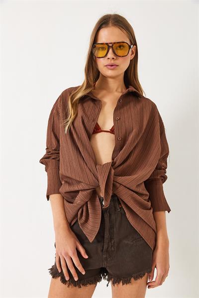 Kadın Düşük Omuz Oversize Basic Bürümcük Gömlek 60392 60271069 - Kahverengi