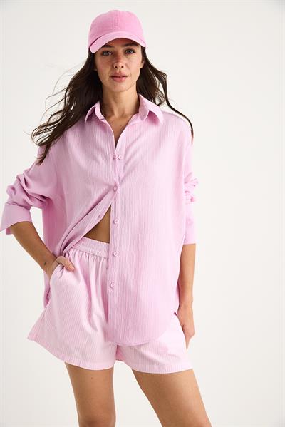 Kadın Düşük Omuz Oversize Basic Bürümcük Gömlek 60392 60271069 - Pembe