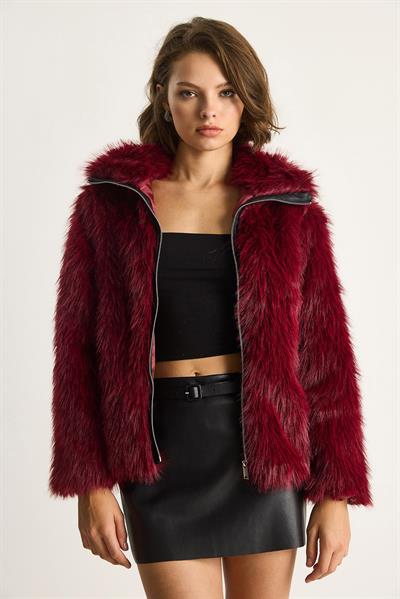 Fermuarı Deri Detaylı Astarlı Kürk Mont 5204 60261050 - Bordo