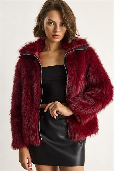 Fermuarı Deri Detaylı Astarlı Kürk Mont 5204 60261050 - Bordo