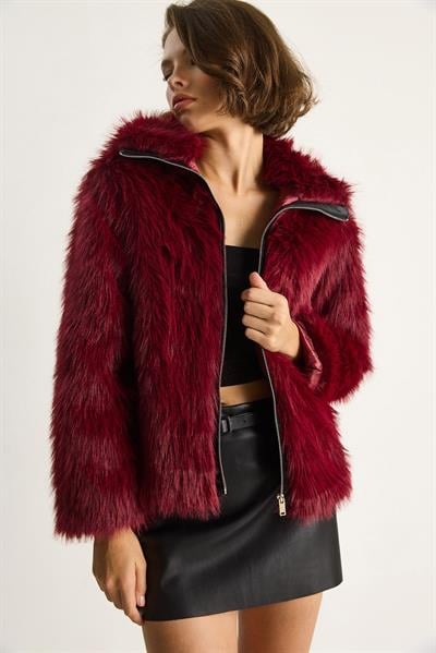 Fermuarı Deri Detaylı Astarlı Kürk Mont 5204 60261050 - Bordo