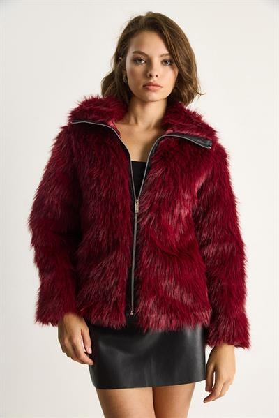 Fermuarı Deri Detaylı Astarlı Kürk Mont 5204 60261050 - Bordo