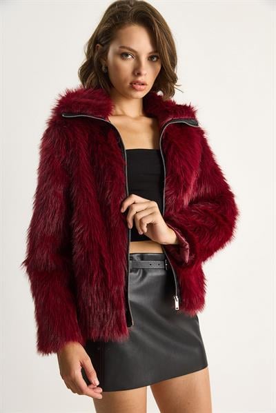 Fermuarı Deri Detaylı Astarlı Kürk Mont 5204 60261050 - Bordo