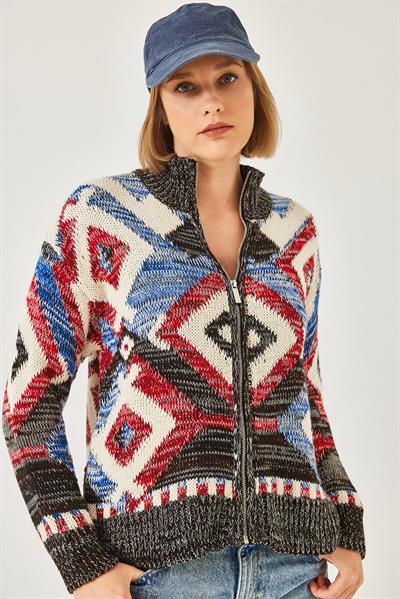 Fermuarlı Desenli Triko Hırka 20246951 - Ekru-Kahverengi