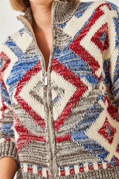 Fermuarlı Desenli Triko Hırka 20246951 - Siyah-Kahve