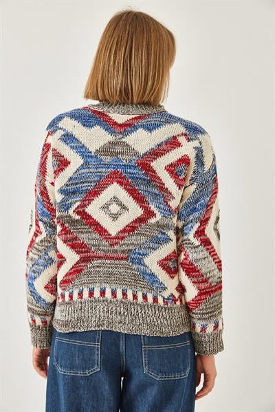 Fermuarlı Desenli Triko Hırka 20246951 - Siyah-Kahve