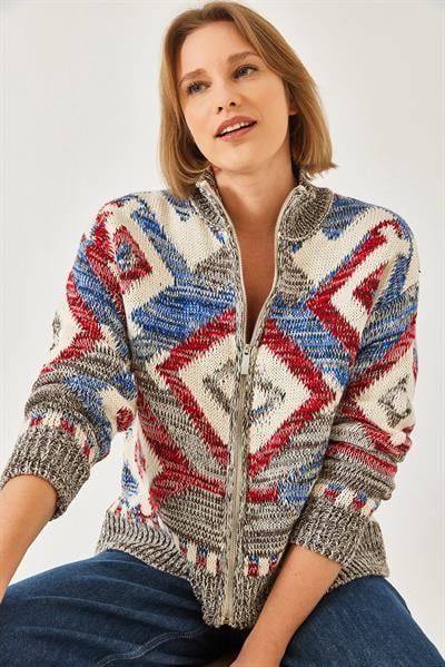 Fermuarlı Desenli Triko Hırka 20246951 - Siyah-Kahve