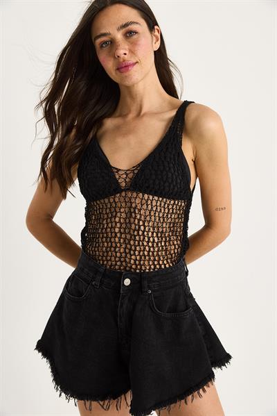 Kadın File Detay Ajurlu Triko Bluz 20251007 - Siyah