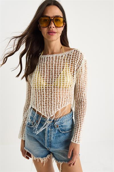 Kadın File Detay Püsküllü Ajurlu Triko Bluz 20251003 - Ekru