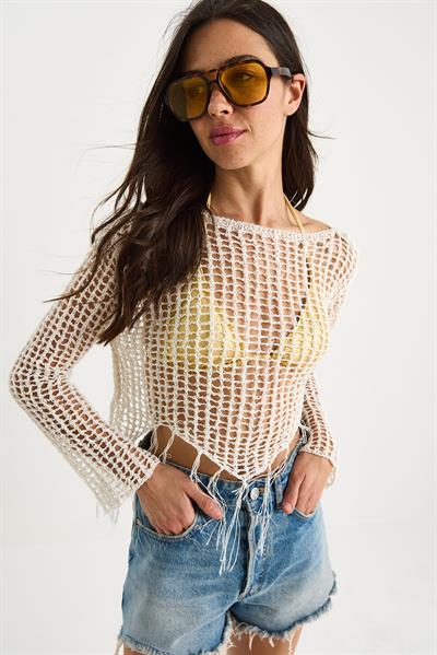 Kadın File Detay Püsküllü Ajurlu Triko Bluz 20251003 - Ekru