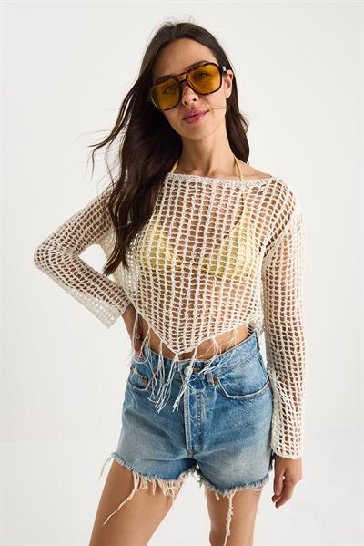 Kadın File Detay Püsküllü Ajurlu Triko Bluz 20251003 - Ekru