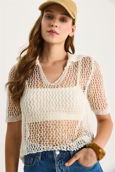 Kadın File Detay Yakalı Ajurlu Triko Bluz 20251006 - Ekru