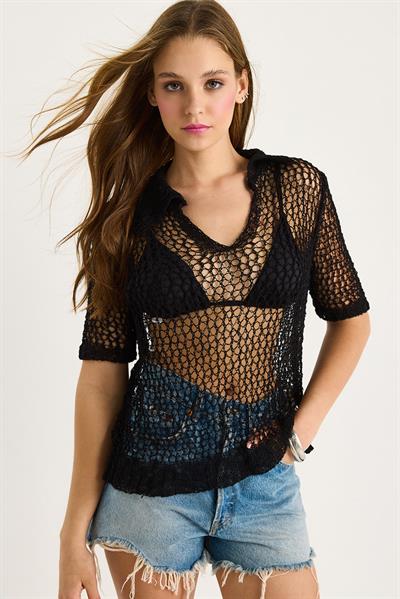 Kadın File Detay Yakalı Ajurlu Triko Bluz 20251006 - Siyah