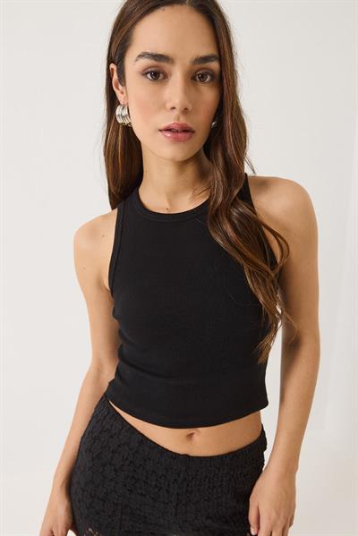 Fitilli Halter Yaka Kaşkorse Basic Crop Top Atlet 60602045 - Siyah