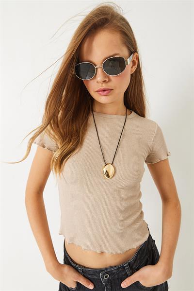 Kadın Fitilli Kaşkorse Basic T-Shirt 60261476 - Bej