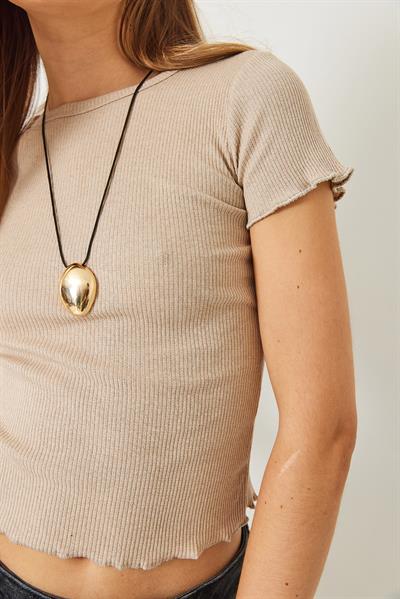 Kadın Fitilli Kaşkorse Basic T-Shirt 60261476 - Bej