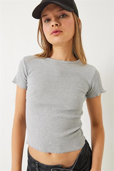 Kadın Fitilli Kaşkorse Basic T-Shirt 60261476 - Gri