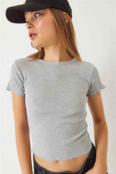Kadın Fitilli Kaşkorse Basic T-Shirt 60261476 - Gri